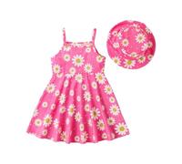 HEOXIN Baby Girl Toddler Infant Dress, Newborn Clothing Daisy Flower Print Suspender Round Neck Matching Hat Baby Toddlers Clothes Set Frilly Dresses Summer Outfit Tiny Girls, Pink, 6-9 Months