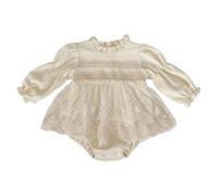 HEOXIN Baby Girl Waffle Romper, Newborn Tutu Dress Lace Embroidery Princess Dresses with Back Button, Mesh Tulle Bodysuits with Puff Sleeve One Piece Dress for 9-12 Months, Apricot