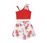 HEOXIN Girl's Clothes Outfit, Ribbed Top + Elastic Waist Shorts with Flora Print and Bow Sets, Two Piece Summer Outfit Sleeveless for Kids Girl for Vacation Party, Red 6 Years
