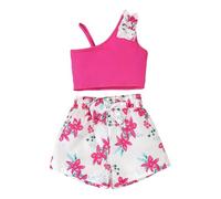 HEOXIN Girl's Clothes Outfit, Ribbed Top + Elastic Waist Shorts with Flora Print and Bow Sets, Two Piece Summer Outfit Sleeveless for Kids Girl for Vacation Party, Rose Red 7 Years