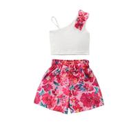 HEOXIN Girl's Clothes Outfit, Ribbed Top + Elastic Waist Shorts with Flower Print and Bow Sets, Two Piece Summer Outfit Sleeveless for Kids Girl for Vacation Party, White 5 Years