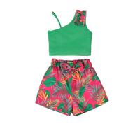 HEOXIN Girl's Clothes Outfit, Ribbed Top + Elastic Waist Shorts with Tropical Plant Print and Bow Sets, Two Piece Summer Outfit Sleeveless for Kids Girl for Vacation Party, Green 7 Years