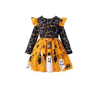 HEOXIN Girls Halloween Spider Web Princess Dress, Little Girls A-line Flying Sleeve Dresses with Round Neck for Kids Cosplay Fancy Dress Up Costumes 3-4 Years, Yellow
