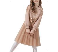 HEOXIN Girls' Long Sleeve Button Mesh Princess Dress with Belt, A Line Lapel Collar Dresses with Decorative Pocket for Kids Party Shooting Birthday Wedding, Camel, 3-4 Years