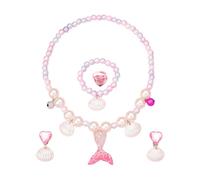 HEOXIN Girls Mermaid Jewellery Sets, Necklace Earring Bracelet Ring Set, Ocean Fishtail Pearl Shell Elasticated Cord Bell Adjustable, Jewelry Set for Toddler Little Girl Princess Dress Up, Pink