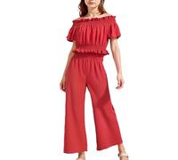 HEOXIN Girl's Outfits Clothing Set, Off Shoulder Ruffle Sleeve Waist Cinched Top + Elastic High Waisted Wide Leg Trousers Set, Kids Girls Outfit for Summer, Red 9 Years