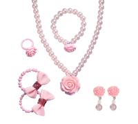 HEOXIN Girls Rose Jewellery Sets, Necklace Earring Bracelet Ring Rose Flower Pearl Elasticated Cord Bell Adjustable, Jewelry Set for Toddler Little Girl Princess Dress Up Party Birthday Gift, Pink
