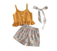 HEOXIN Girls Summer Button Top + Floral Shorts + Adjustable Strap Clothes Set, Sleeveless Tank Tops with Ruffled Hem, Floral Print Pants with Elasticized Waist for Kids Shooting 6-7 Years, Yellow