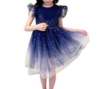 HEOXIN Girls Summer Star Gradient Mesh Tulle Dress, Ruffled Sleeve A-Line Princess Puffy Dresses, Round Neck Swing Dress Holiay Birthday Party for Kids 4-5 Years, Blue