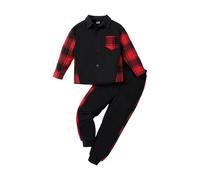 HEOXIN Kids Boys Plaid Clothing Sets, Sweatshirt + Pants 2PCS Set, Long Sleeve Button Tops with Pocket, Drawstring Jogger Trouser Tracksuit Set for Children 9-10 Years, Red
