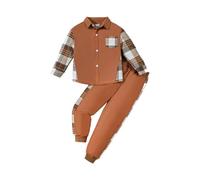 HEOXIN Kids Boys Plaid Clothing Sets, Sweatshirt + Pants 2PCS Set, Long Sleeve Button Tops with Pocket, Drawstring Jogger Trouser Tracksuit Set for Children 7-8 Years, Brown