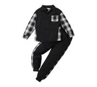 HEOXIN Kids Boys Plaid Clothing Sets, Sweatshirt + Pants 2PCS Set, Long Sleeve Button Tops with Pocket, Drawstring Jogger Trouser Tracksuit Set for Children 7-8 Years, Black