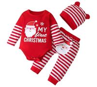 HEOXIN Newborn Baby Girl Clothes Set, Long Sleeve Outfits Romper with My First Christmas, Christmas Day Striped Bodysuits Santa Claus Pattern Trousers and Hat for 0-6 Months Baby Girl, Red