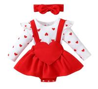 HEOXIN Newborn Baby Girl Clothes Set, Long Sleeve Outfits Ruffle Romper, Bodysuits Dress with Heart Pattern and Headband with Bowknot, Baby Girl Outfit for 9-12 Months Baby Girl, Red