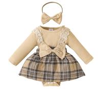 HEOXIN Newborn Baby Girl Clothes Set, Long Sleeve Outfits Ruffle Romper, Bodysuits Plaid Dress and Headband with Bowknot Clothes Set, Baby Girl Outfit for 9-12 Months Baby Girl, Apricot