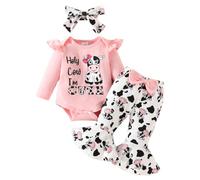 HEOXIN Newborn Baby Girl Clothes Set, Long Sleeve Outfits Ruffle Romper with Holy Cow I'M Cute, Bodysuits Headband and Flared Trousers with Milk Cow Pattern for 3-6 Months Baby Girl, Pink
