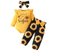 HEOXIN Newborn Baby Girl Clothes Set, Long Sleeve Outfits Ruffle Romper with You are My Sunshine, Bodysuits Headband and Trousers with Bowknot and Sunflower Pattern for 0-3 Months Baby Girl, Yellow