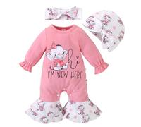 HEOXIN Newborn Baby Girl Clothes Set, Romper Outfit with Elephant Pattern, Infant Clothes with Ruffle Long Sleeve Bodysuits Hat and Headband Elephant Print, Baby Girl Romper for 0 Month, Pink