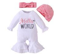HEOXIN Newborn Baby Girl Clothes Set, Romper Outfit with Hello World Pattern, Infant Clothes with Ruffle Long Sleeve Bodysuits Hat and Headband, Baby Girl Romper for 3-6 Months, White