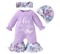 HEOXIN Newborn Baby Girl Clothes Set, Romper with Hi I'm New Here Pattern, Infant Clothes with Ruffle Long Sleeve Bodysuits Hat and Headband Butterfly Print, Baby Girl Romper for 3-6 Months, Purple