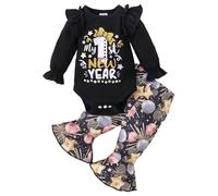 HEOXIN Newborn Baby Girl Clothes Set, Romper with My 1st New Year Pattern, 1st Birthday Outfits with Ruffle Long Sleeve Bodysuits and Flared Trousers, Baby Girl Romper for 12-18 Months, Black