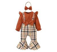 HEOXIN Newborn Baby Girl Clothes Set, Toddler Romper Ruffle Long Sleeve Outfit with Bowknot, Bodysuits with Plaid Patterned Flared Hems and Headband, Baby Girl Clothing Set for 6-9 Months, Brown