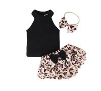 HEOXIN Newborn Baby Girl Clothes Sleeveless Top + Leopard Print Shorts with Ruffled Hem + Headband Set, Toddler Infant Outfits Baby Born Clothes for Summer, Black 18-24 Months