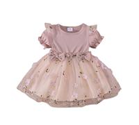 HEOXIN Newborn Baby Girl Dress, Short-Sleeved Ruffled Flower Embroidery Mesh Tulle Dress with Bowknot, Infant Outfits Toddler Girls Dress for Summer for Birthday, Pink 9-12 Months