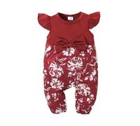 HEOXIN Newborn Baby Girl Floral Romper, Infant Ruffle Jumpsuit with Waist Bowknot, Short Sleeve Bodysuit One Piece Elastic Waistband Summer Outfit for Unisex Boys Girls 18 Months- 24 Months, Red