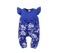 HEOXIN Newborn Baby Girl Floral Romper, Infant Ruffle Jumpsuit with Waist Bowknot, Short Sleeve Bodysuit One Piece Elastic Waistband Summer Outfit for Unisex Boys Girls 12 Months- 18 Months, Blue