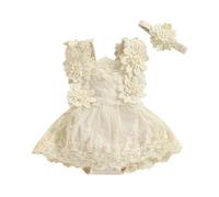 HEOXIN Newborn Baby Girl Romper Dress, Infant Lace Flower Embroidery Sundress Tutu Dress, Sleeveless A-Line Princess Dress with Flower Headband Bodysuit Birthdays Dress for 1-2 Years, Beige