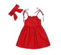 HEOXIN Newborn Baby Girls Button Dress, Infant Sleeveless Suspenders Princess Dress with Adjustable Shoulder Straps + Bowknot Headband for Shooting Birthday 3-4 Years, Red