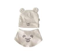 HEOXIN Newborn Baby Hat and Dribble Bibs, Toddler Soft Winter Beanie Dribble Bibs with Bear Pattern, Kids Infant Cute Caps for 0-12 Months Baby Girl Boy Unisex, One Size, Beige