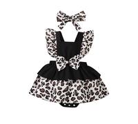 HEOXIN Toddler Baby Girl Leopard Print Suspender Dress +Bowknot Headband Clothes Set, Sleeveless Crewneck Romper A-Line Backless Princess Dress for Shooting Birthday 1-3 Months, Black