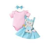 HEOXIN Toddler Baby Girl Romper + Bear Embroidered Suspender Dress + Bowknot Headband Clothes Set, Flying Sleeve Crewneck Romper Top with Bear Print A-Line Princess Dress for 0-3 Months, Pink