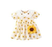 HEOXIN Toddler Baby Girl Summer Sunflower Princess Dress, Short-Sleeved Button Floral Print A-line Dresses with Doll Collar + Sunflower Bag for Baby Beach Birthday Shooting 1-2 Years, Yellow