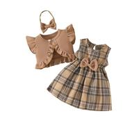 HEOXIN Toddler Baby Girls Plaid Dress + Cardigan 2PCS Outfits Set, Sleeveless Bowknot Princess Striped Dresses and Ruffled Sleeve Coat with Headband Party Birthday Gift for 9-12 Months, Brown