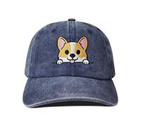 Hepandy Corgi Baseball Cap for Women Men, Dog Owner Lovers Gifts, Navy Blue Embroidered Denim Dad Hat, Adjustable Cotton Snapback Hat, Corgi Dog Face (Washed Navy Blue), One size