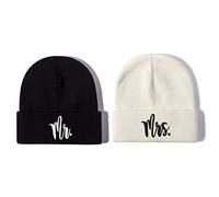 Hepandy Mr and Mrs Beanie Hats for Men Women, Mr. Mrs (Black & White), One Size