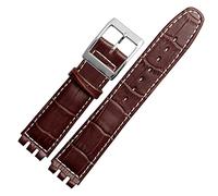 HEPUP 17mm 19mm Genuine Calf Leather Wrist Strap For Swatch Watch Band Men Women Alligator Pattern Bracelet Watchband Accessories (Color : Brown white line, Size : 17mm)