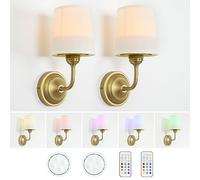 HEQIQEH Vintage Gooseneck Battery Operated Wall Sconce Light Fixture Set of 2 with Remote Control, Flared Funnel White Fabric Shade Dimmable Nightstand Lamps for Bedside Bedroom Living Room Lounge