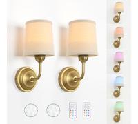 HEQIQEH Vintage Gooseneck Battery Operated Wall Sconce Light Fixture Set of 2 with Remote Control, Flared Funnel Linen Fabric Shade Dimmable Nightstand Lamps for Bedside Bedroom Living Room Lounge