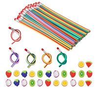 Heqishun Soft Flexible Bendy Pencils 25 Pcs + Fruit Rubber Erasers 24 Pcs, Party Bag Fillers for Kids, School Stationary Equipment, Kids Birthday Party Bag Favours, Pinata Fillers