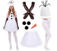 HEQU 8 Pcs Women Snowman Costume Accessory Set, Christmas Snowman Cosplay | Complete Snowman Cos Kit, Tutu Skirt Knit Beanie White Tights Pom-Poms Carrot Nose Gloves, Ideal for Halloween Carnival Party
