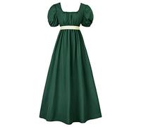 HEQU Regency Dresses for Women with Satin Sash Ruffled Puff Sleeve Empire Waist Dress Gown, Dark Green, L