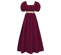 HEQU Regency Dresses for Women with Satin Sash Ruffled Puff Sleeve Empire Waist Dress Gown, Dark Red, M