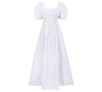 HEQU Regency Dresses for Women with Satin Sash Ruffled Puff Sleeve Empire Waist Dress Gown, White, M