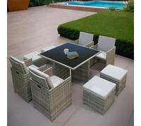 Hera Rattan Cube 8 Seater Dining Garden Patio Set W/ Parasol Hole - Grey