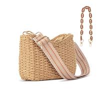 Herald Small Handmade Straw Crossbody Bag for Women, Summer Chic Woven Handbag Shoulder Purse with Chain & Guitar Strap, Coffee
