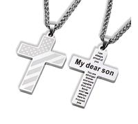 Heran Cross Necklace for Son, Engraved Stainless Steel Cross Pendant, Encouraging Keepsake Gift for Son from Mom and Dad, 24 Inch Chain, Stainless Steel, No Gemstone